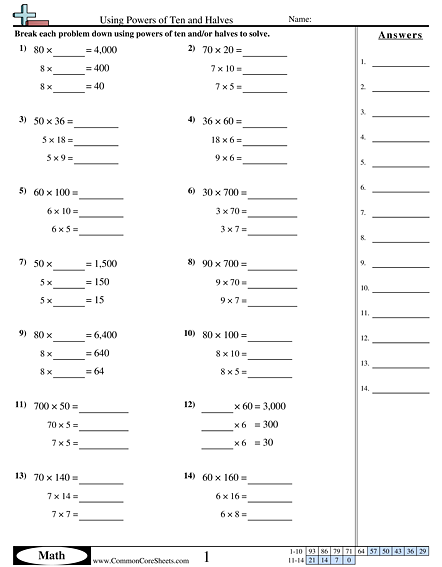 Multiplication Worksheets - Using Powers of Ten and Halves worksheet